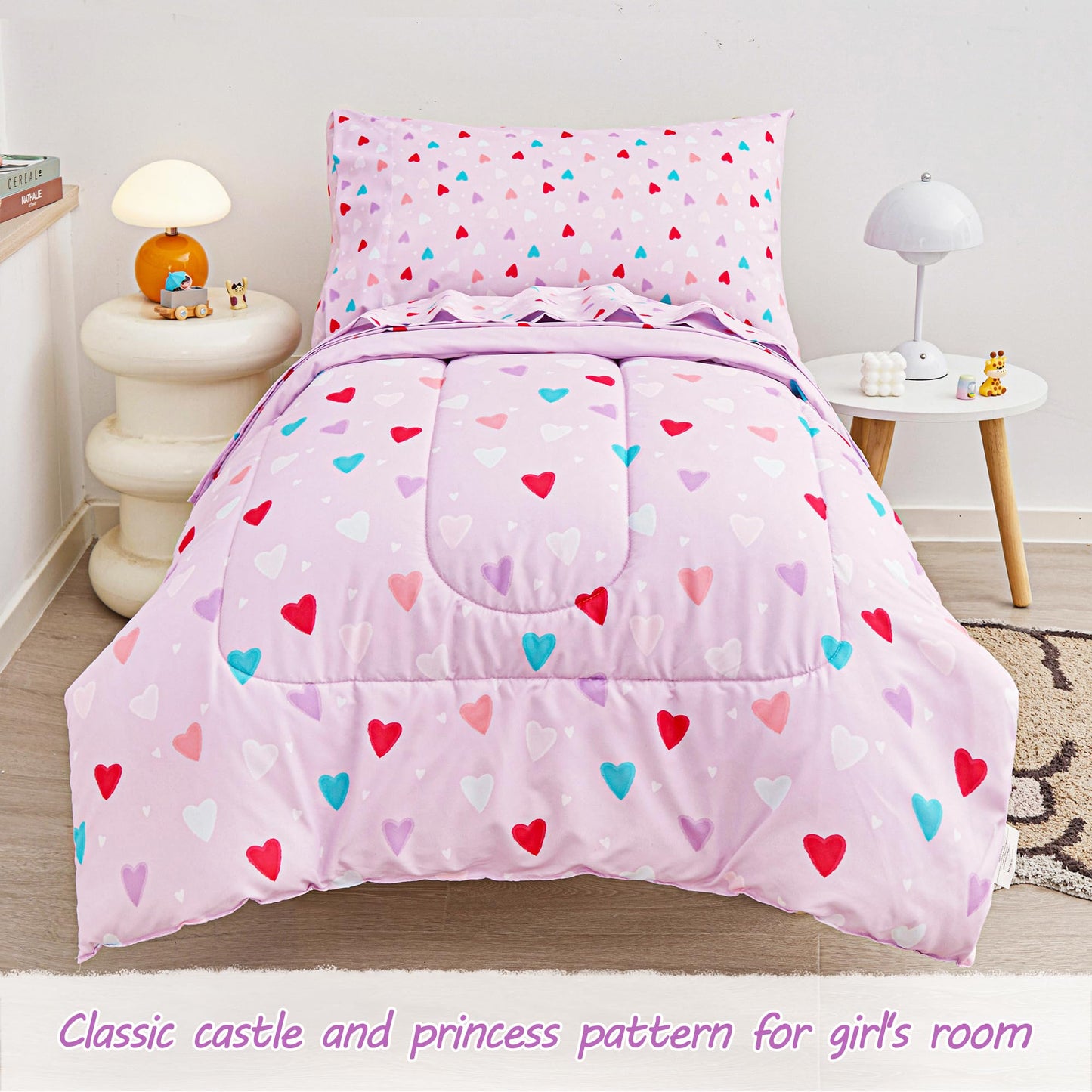 Viviland Purple Heart Toddler Comforter Sets, Cute Girls Toddler Bedding Set, Soft Microfiber Toddler Bed Set
