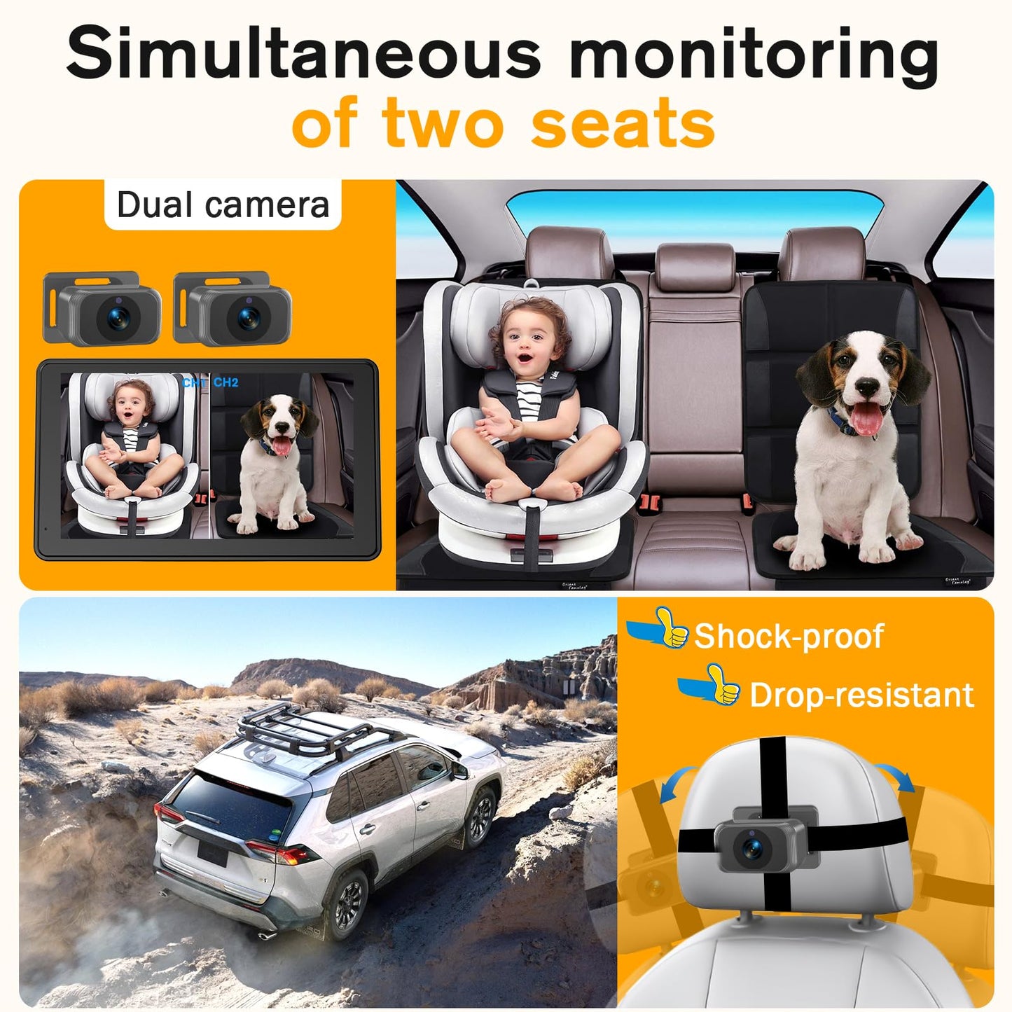 Baby Car Camera For 2 Kids - 7-Inch Split-Screen Monitor, Dual Hd 1080P Cameras, Night Vision, 360 Rotatable, Easy Install Backs
