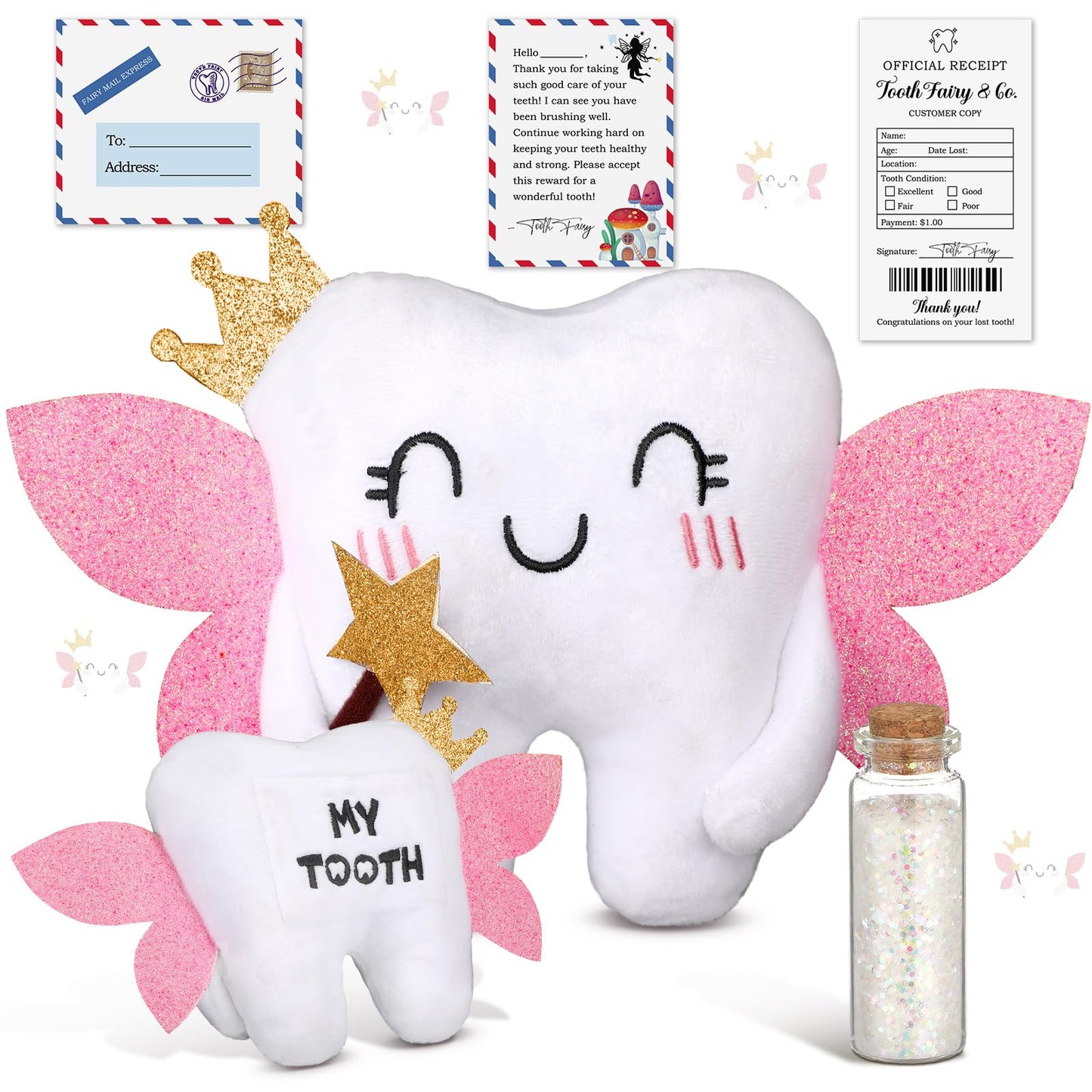 Threehoney Tooth Fairy Pillow Kit Includes Toothfairy Pillow With Pocket Fairy Glitter Receipt Envelope Card, Toothfairy Plush K