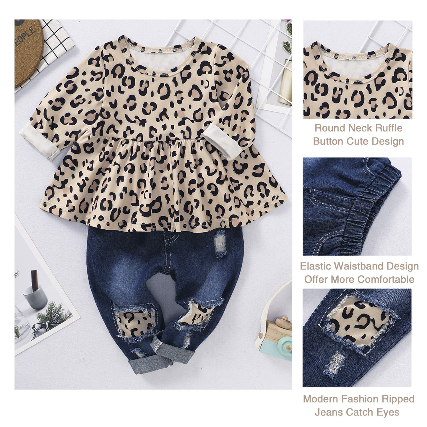 Nzrvaws 12 Months Girls Clothes Toddler 18 Months Baby Outfit Leopard T Shirt Tops Denim Ripped Jeans Long Pant Infant 2Pc Cloth