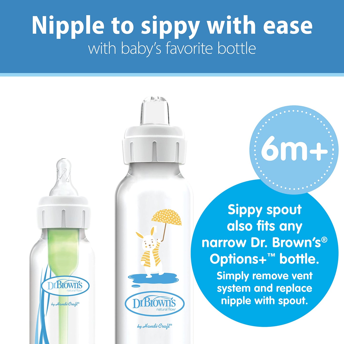 Dr. Brown'S Milestones Narrow Sippy Bottle, 100% Silicone Soft Sippy Spout, 8Oz/250Ml, Bunny, 6M+