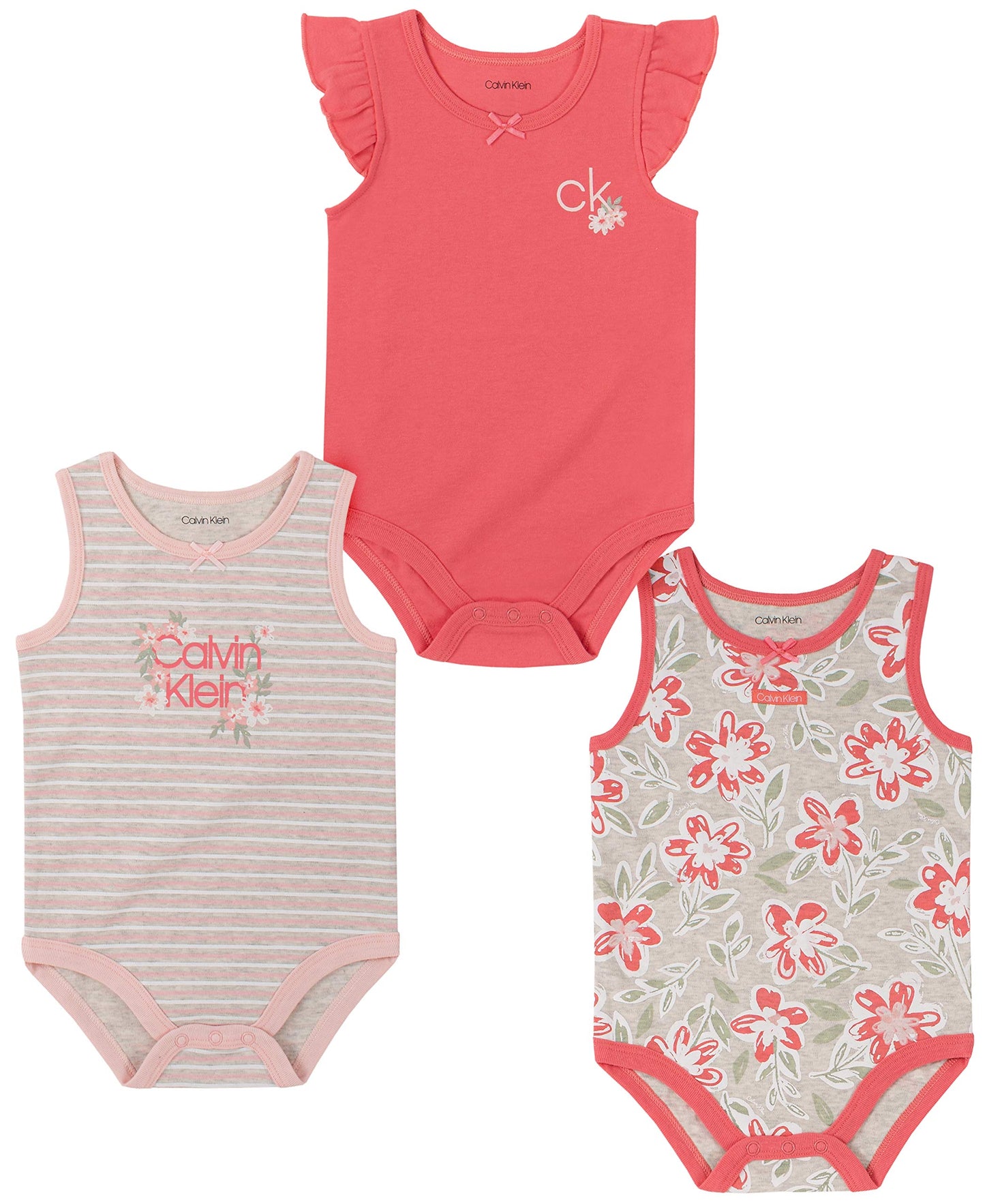 Calvin Klein Girls' 3 Pieces Pack Bodysuits, Coral Reef/Oatmeal/Print, 12M