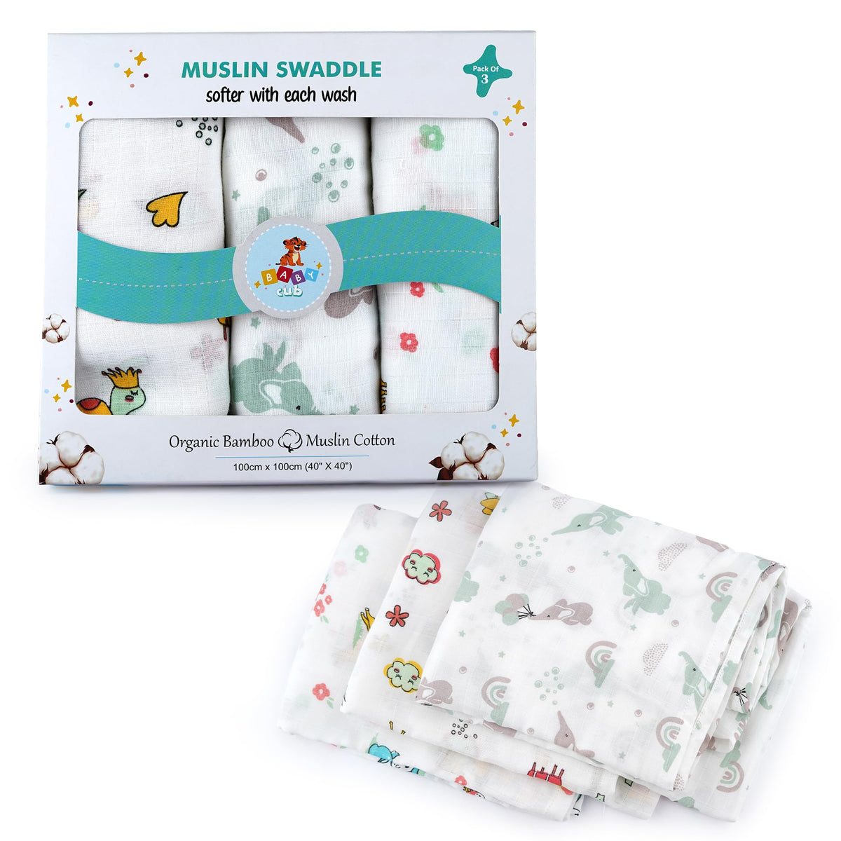 Baby Cub Organic Muslin Cotton Swaddle Blanket Set | Soft And Breathable White Printed Baby Wrap Nursing Cover Receiving Blanket