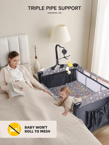 Biusikan Bedside Bassinet For Baby, Baby Crib With Mosquito Net, Mattress, Diaper Changer, Baby Playpen For Newborn To Toddles,