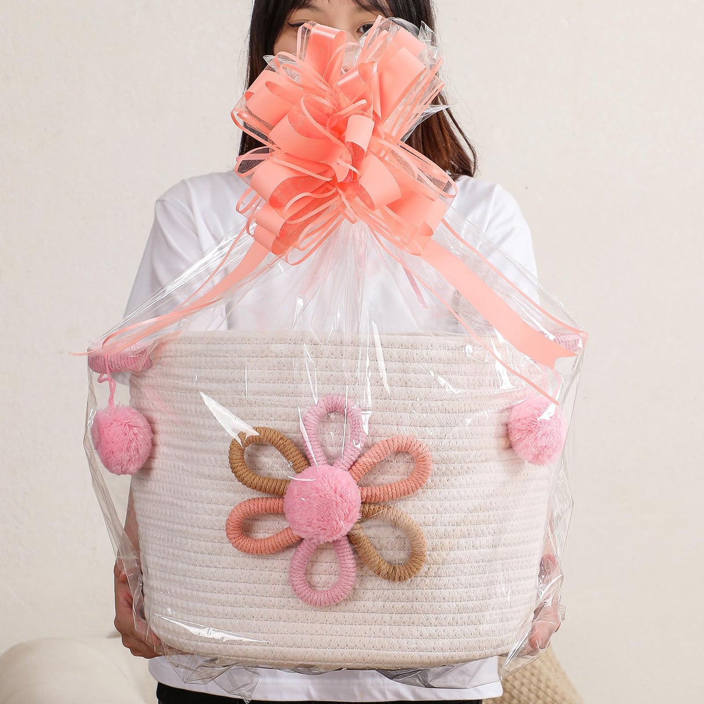 Inough Pink Cotton Rope Storage Basket With 3D Flower For Kids, Blanket Baskets For Living Room Toys Organizer With Handle Woven