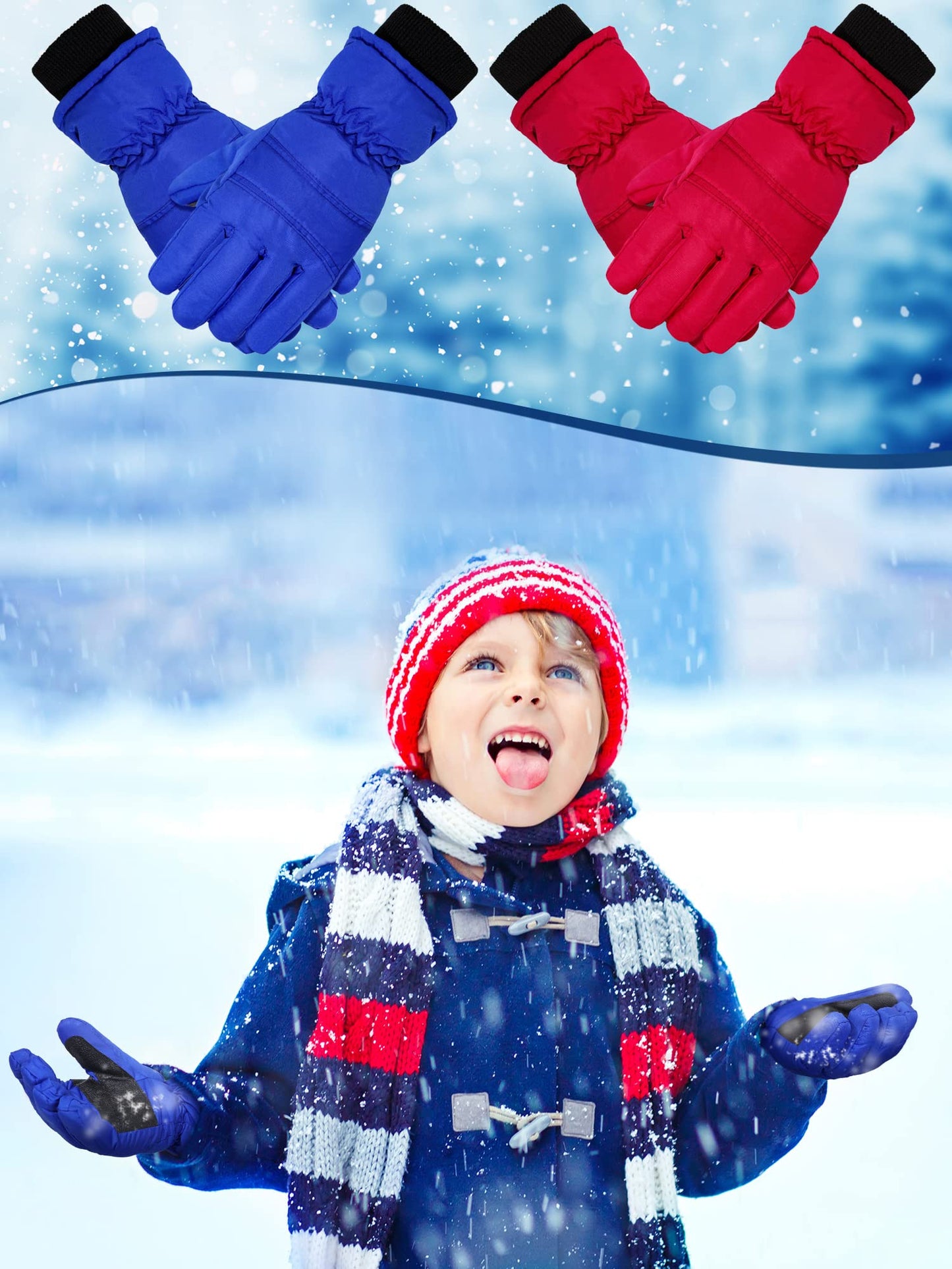 2 Pairs Kids Winter Ski Gloves Waterproof Warm Snow Mittens Full Finger Gloves For Toddlers Infants (Red, Royal Blue, 3-6 Years)