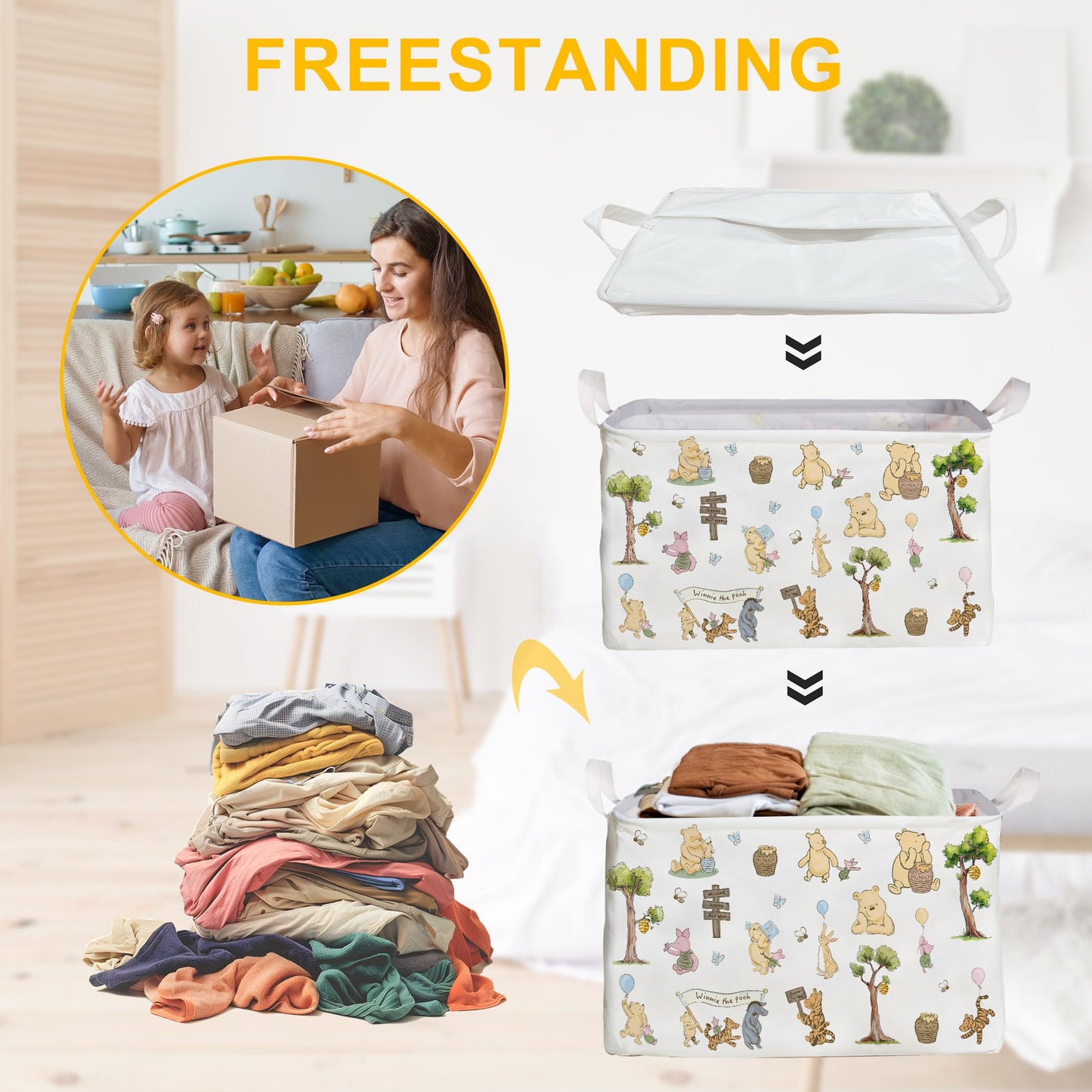 Zsatuiy Winnie Storage Nursery Basket,Large Squarecanvas Laundry Hamper Withwinnie Baby Stuff A Waterproof Pecoating, Foldable,