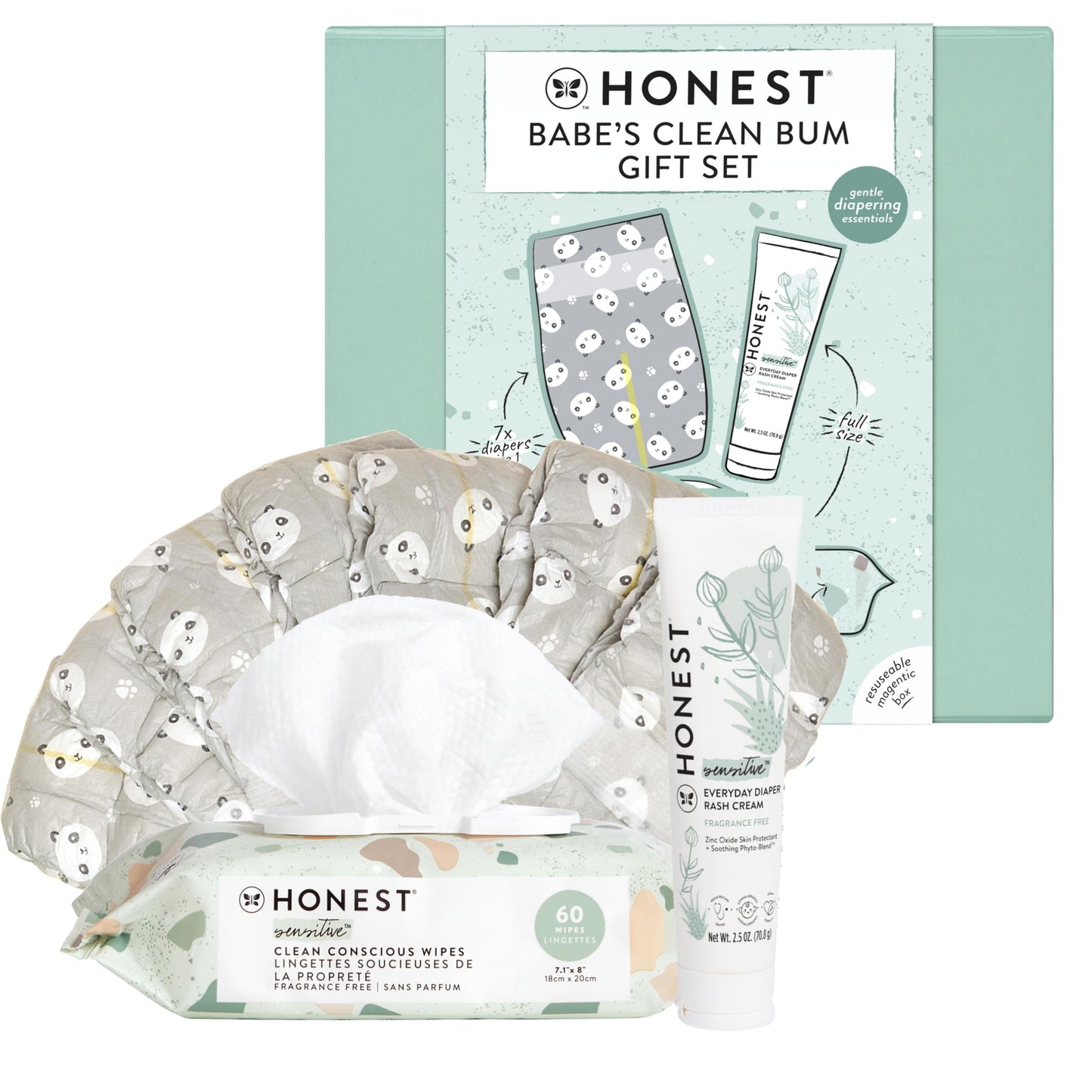 The Honest Company Babes Clean Bum Gift Set | Diapering + Newborn Essentials | 99% Water Wipes (60 ct), Diaper Rash Cream (2.5