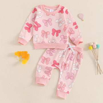 Farrubbyine8 Cute Baby Girl Clothes Long Sleeve Bow Print Sweatshirt Top And Matching Pants Set 2 Piece Toddler Girl Fall Outfit