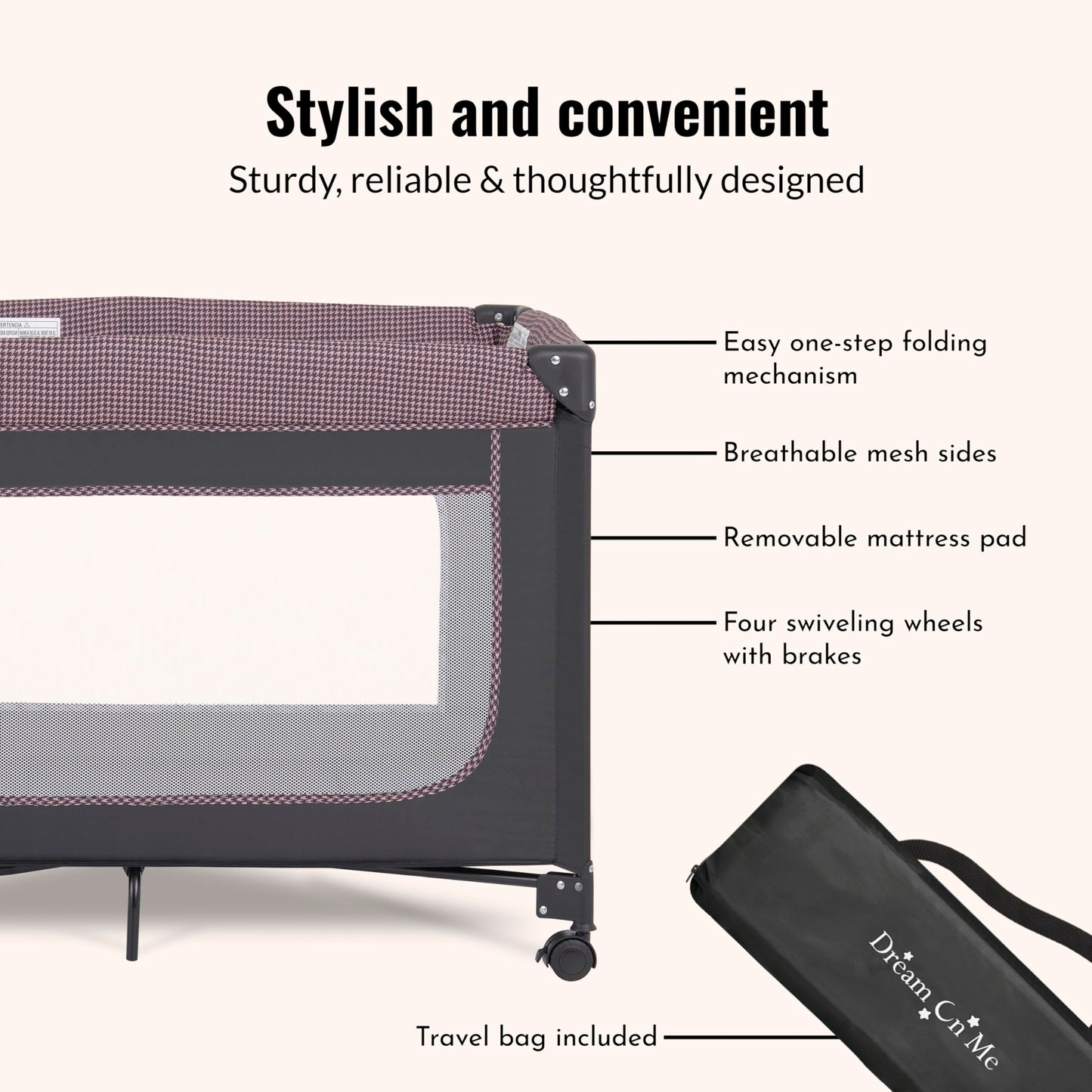 Dream On Me Ezgo Portable Playard In Pink & Black, Compact Easy To Fold And Travel Baby Playard, Breathable Mesh Sides, Carry Ba