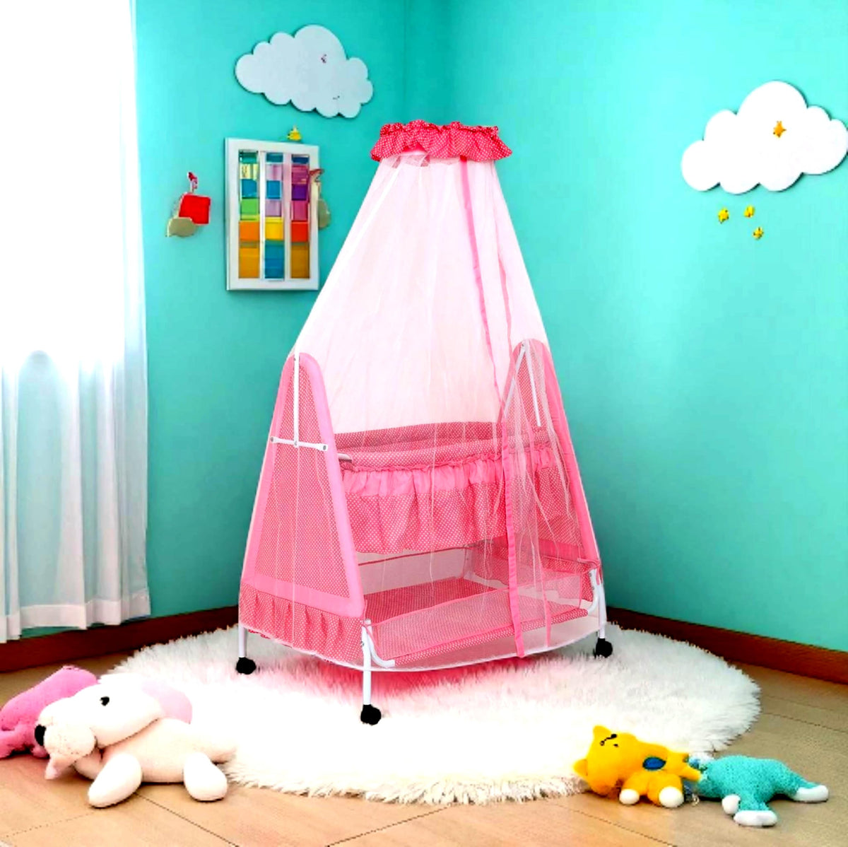 Kiddery Polkamania | Cradle For Baby | New Improved Mattress Design | Mosquito Protection Net | Smooth Swing | All Wheel Lock |