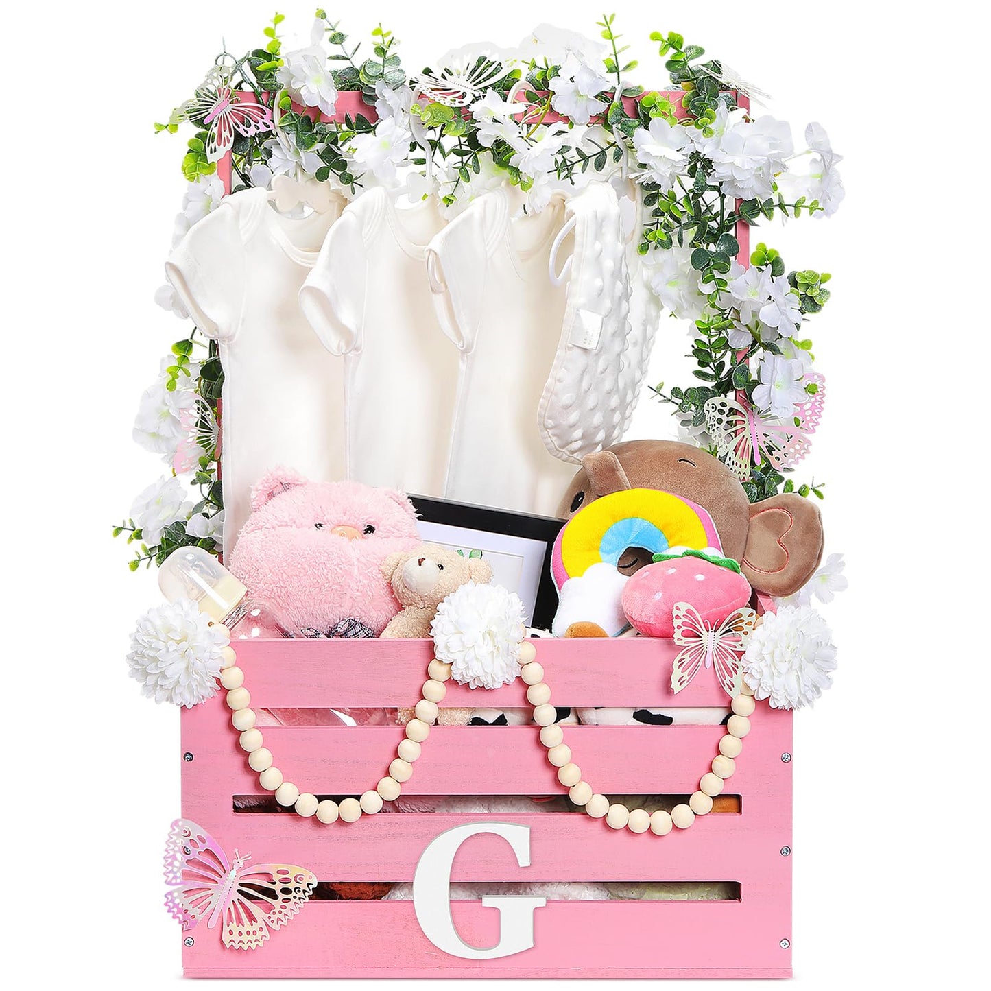 Juexica Wooden Baby Shower Crate Closet Baby Basket with Handle Box with Butterfly Eucalyptus Garland Bead Artificial Flowers La