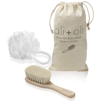 Ali+Oli Newborn Wooden Hair Brush- Baby Brush Set For Newborns- Baby Hair Brush With Mini Loofah- Infant Hair Brush, Cradle Cap,