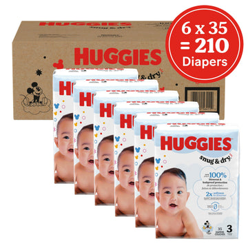 Huggies Size 3 Diapers, Snug & Dry Baby Diapers, Size 3 (16-28 Lbs), 210 Count (6 Packs Of 35), Packaging May Vary