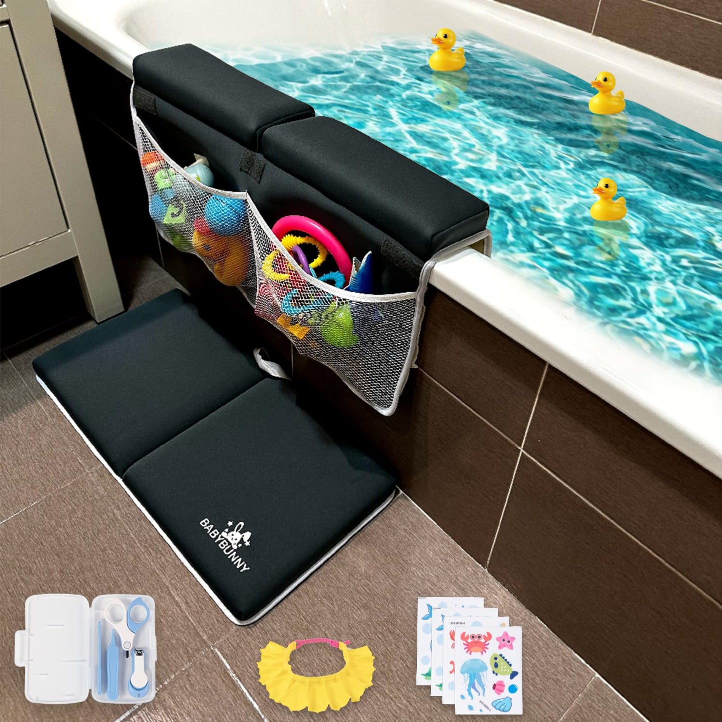 Baby Bath Kneeler and Elbow Rest Pad Set with Toy Storage, Silicone Cap, Non-Slip Stickers and Baby Nail Care Kit - Comfortable