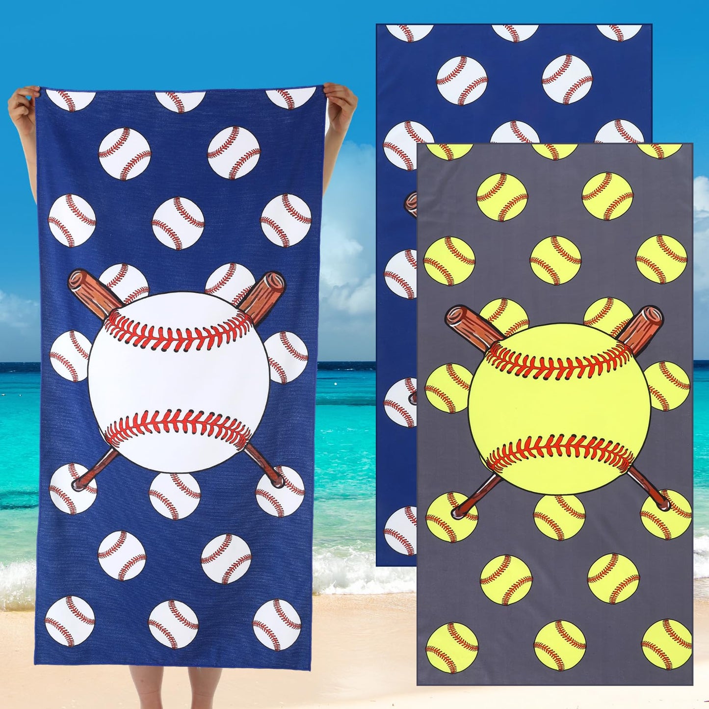 Yahenda 2 Packs Baseball Beach Towel for Kids Quick Dry Softball Beach Swimming Bath Pool Towel for Kids Girls Travel Shower Swi