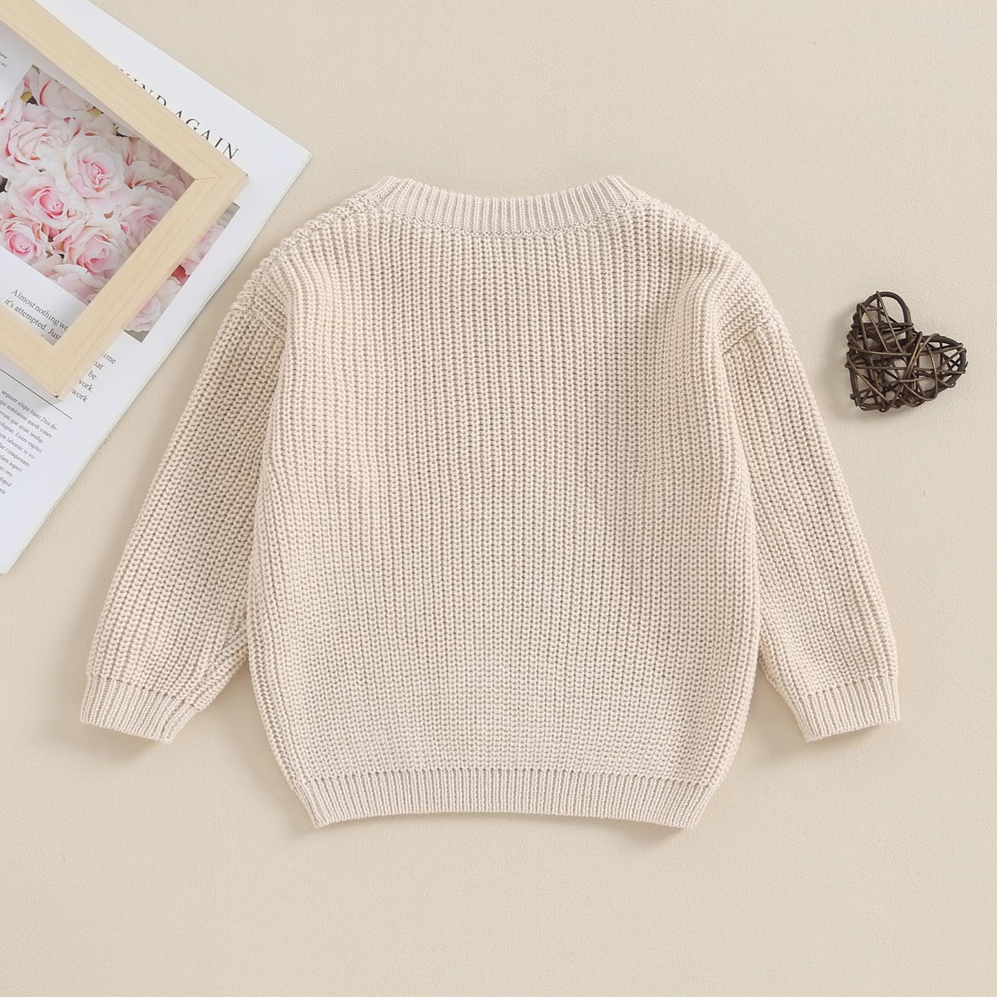 Baby Girl Cute Long Sleeve Crew Neck Love Embroidery Sweater Toddler Valentine Day Outfits (Beige Heart, 9-12 Months)
