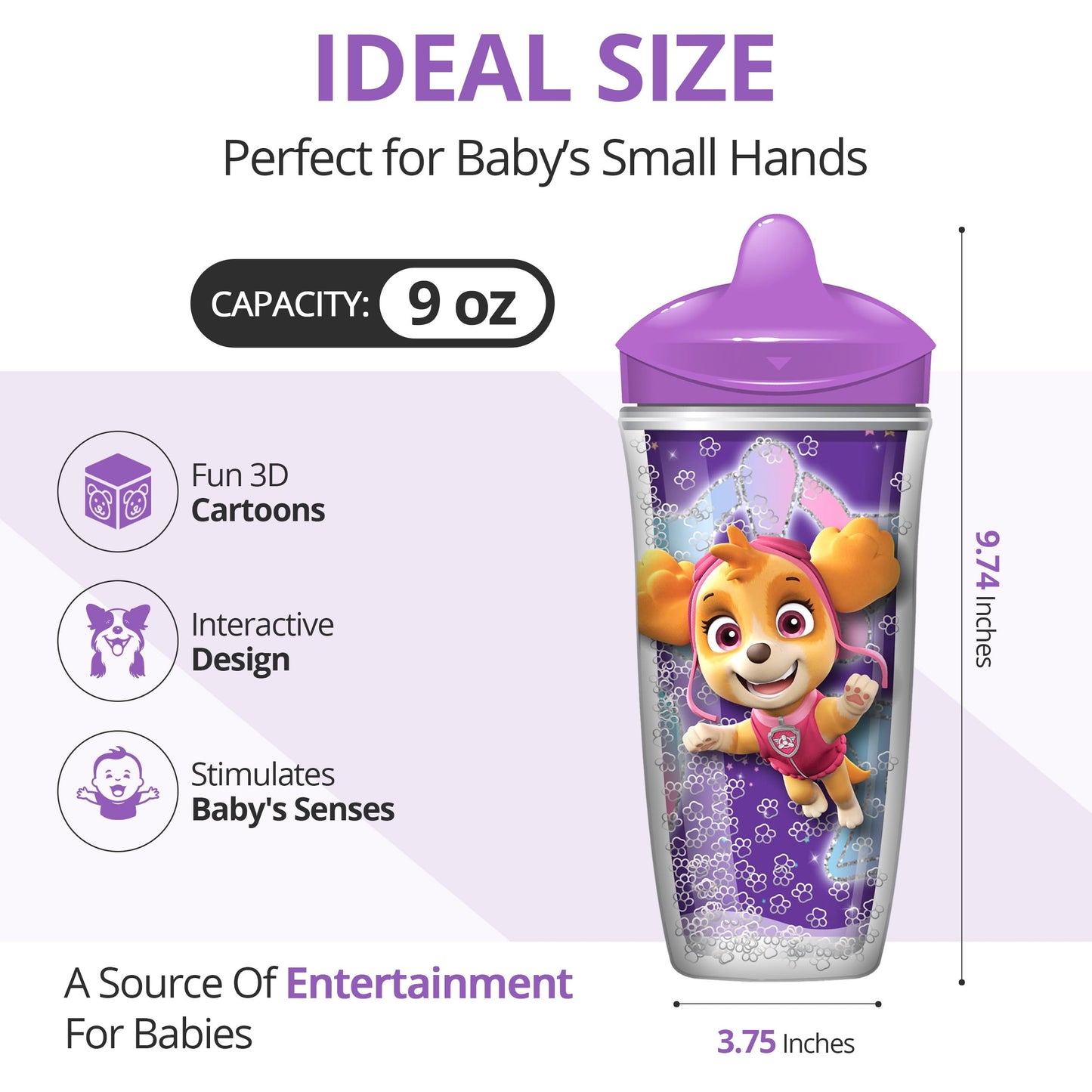 Playtex Baby Sipsters Stage 3 Paw Patrol Sippy Cups, Spill-Proof, Leak-Proof, Insulated, Glitter - Purple, 9 Oz, 1 Count