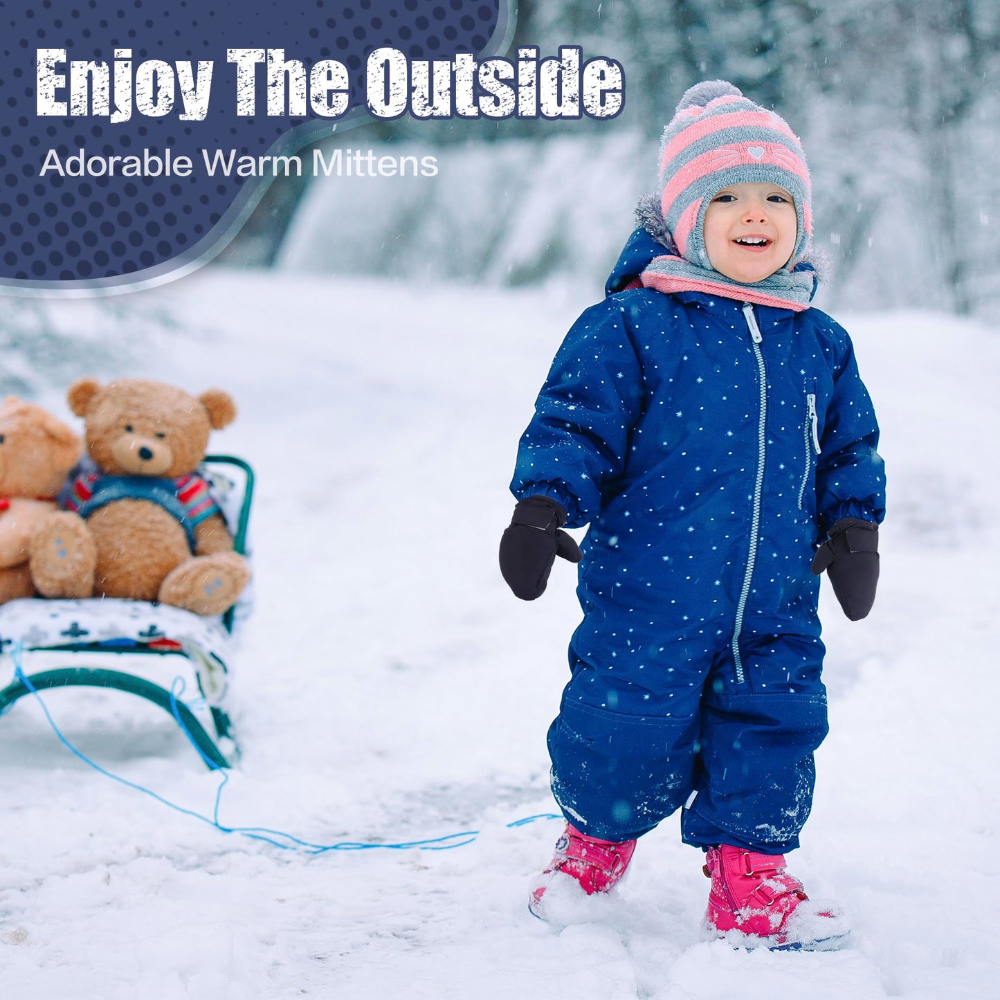 Fynnsure Toddler Mittens Baby Waterproof Snow Gloves Kids Ski Snow Gloves Cold Weather Mittens For Boys Girls Solid Navy&Gray 2-