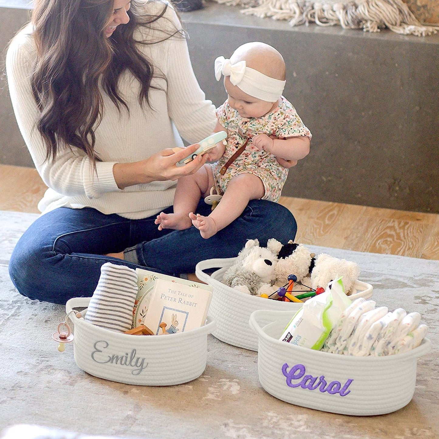 Hutario Personalized Woven Basket Embroidered Name With Gift Bags And Ribbons,Empty Small Rope Basket,Durable Storage Custom Whi