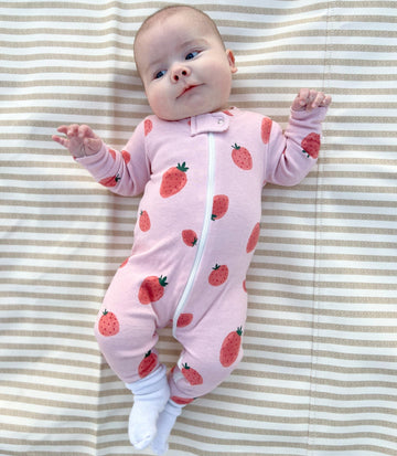Owlivia Organic Cotton Baby Boy Girl 2-Pack Zip Up Sleep N Play, Footless, Long Sleeve(3-6 Months, Pink Strawberry&White)