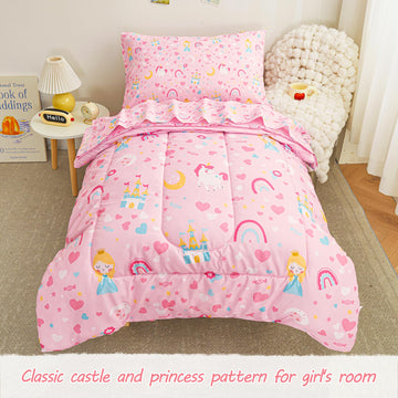 Viviland Castle Princess Toddler Comforter Sets, Cute Girls Toddler Bedding Set, Soft Microfiber Pink Toddler Bed Set
