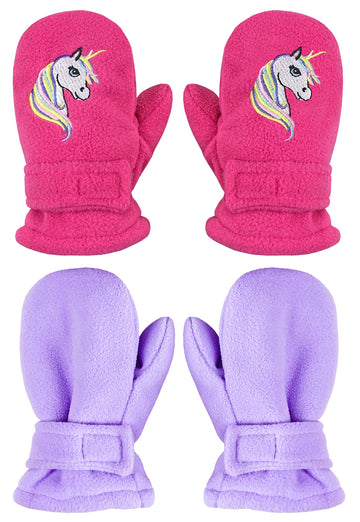 N'Ice Caps Baby Toddler Mittens Kids 2 Pairs Fleece Gloves Winter Warm Sherpa Lined (Fuchsia Unicorn/Light Purple Solid Pack, 4-