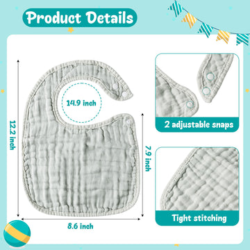 Zainpe 6Pcs Snap Muslin Cotton Baby Bibs Grey Infants Drooling Bib Soft & Absorbent Unisex Burp Cloths Adjustable Saliva Towels