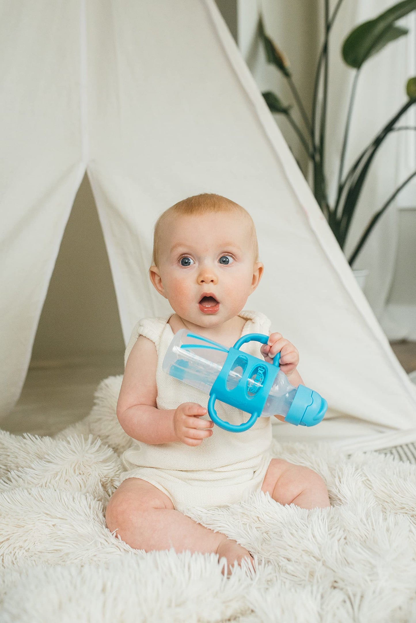 Dr. Brown'S Milestones Narrow Sippy Straw Bottle, Spill-Proof With 100% Silicone Handles And Weighted Straw, 8 Oz/250 Ml, Blue,