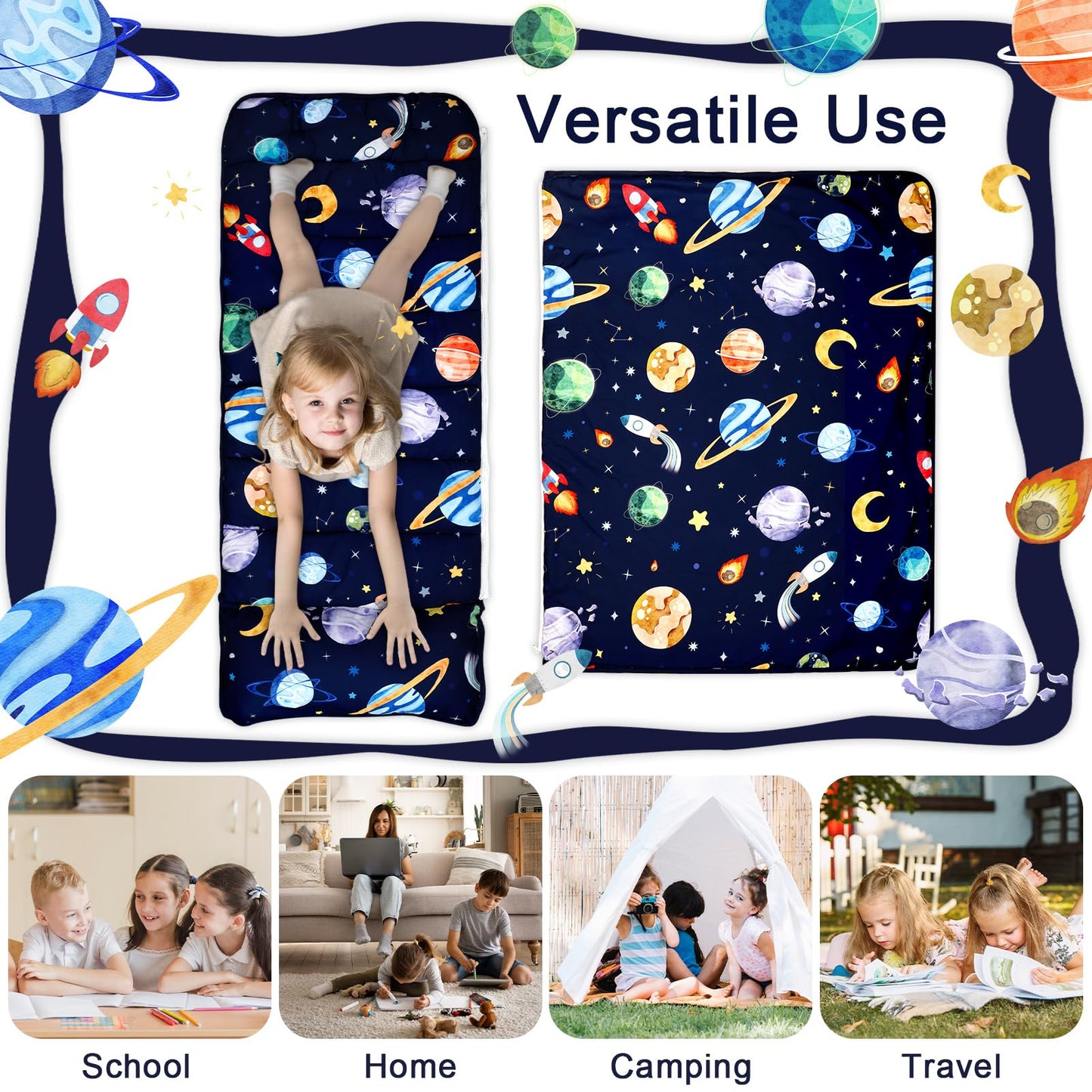 Toddler Nap Mat With Removable Pillow & Soft Dot Minky Blanket, Pea Pod Kids Nap Mats Rockets Space Rolled Slumber Bags For Boys