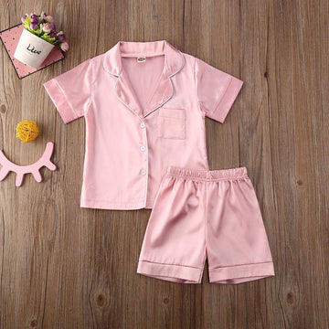 Toddler Baby Kids Satin Pajamas Set, Long Sleeve Button-Down Sleepwear Pjs For Girls (4T, Pink-Short Sleeve)