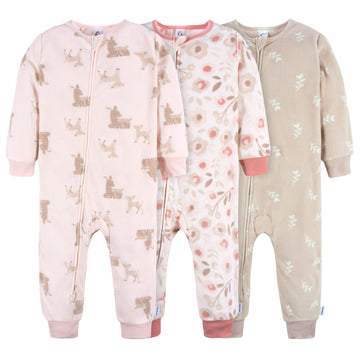 Gerber Baby Girl'S Flame Resistant Fleece Footless Pajamas 3-Pack, Pink Deer