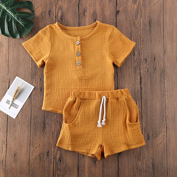 Fhutpw Baby Boys 2Pcs Summer Outfits Short Sleeve T-Shirt Tops Elastic Waistband Shorts Set Toddler Clothes (Linen Yellow, 2-3 Y