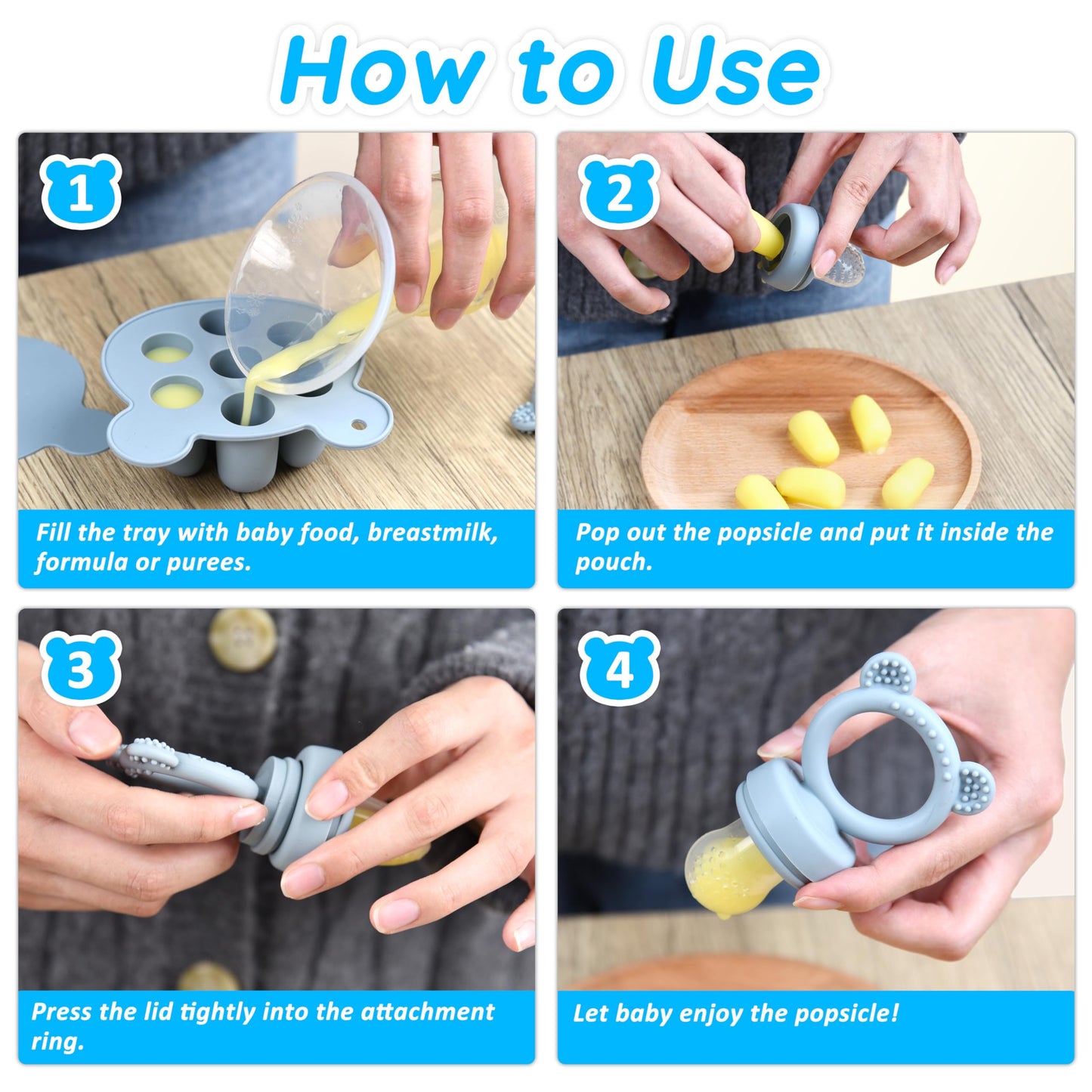 Silicone Baby Food Feeder & Freezer Tray Set, Self Feeding Teething Toy, Breast Milk Popsicle Mold, Bpa Free For 3+ Months, Addi