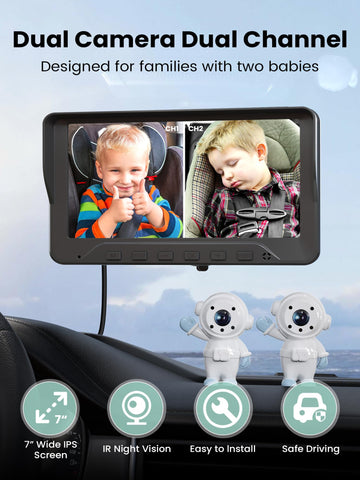 Grownsy Baby Car Camera For 2 Kids, 7 In Ultrawide Ahd Car Baby Monitor With 2 Camera, Backseat Mirror For Baby Rear Facing With