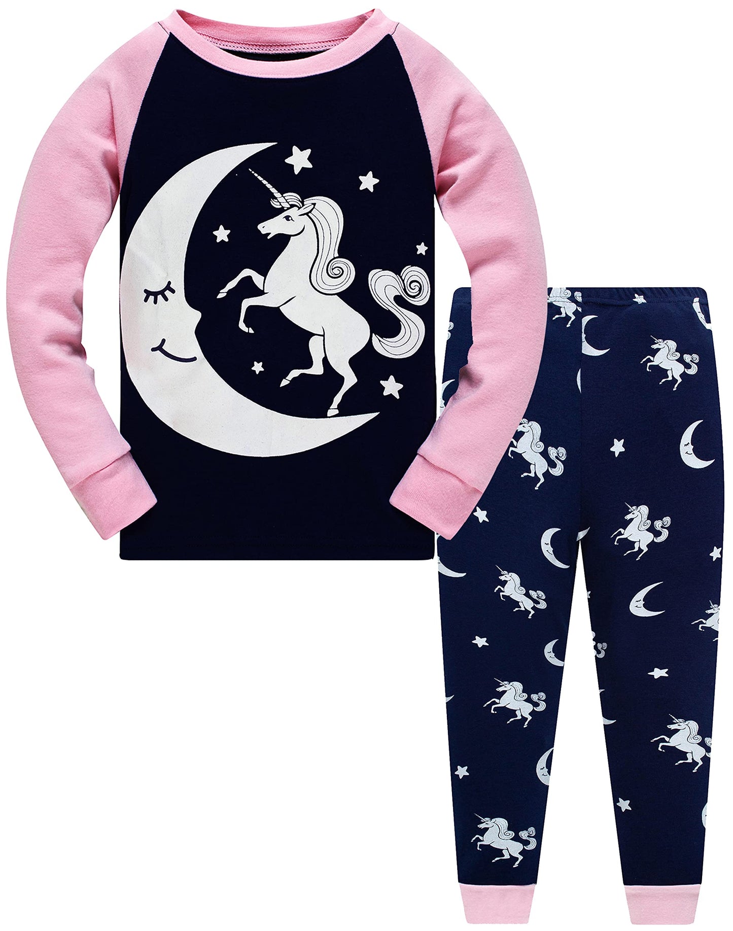 Little Girls Glow In Dark Unicorn Pajamas 2 Piece Set 100% Cotton Sleepwear Toddler Clothes Moon Style Pjs (Moon Unicorn-6214-8T