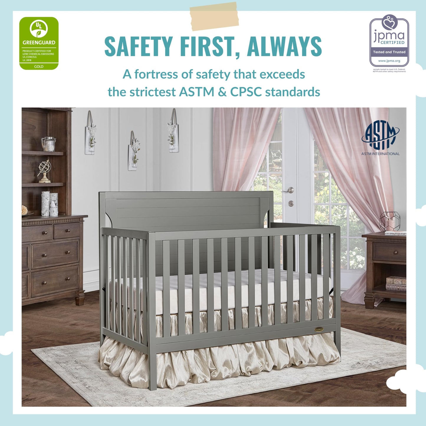 Dream On Me Cape Cod 5-In-1 Convertible Crib In Storm Grey, Greenguard Gold Certified, 55X30X44.5 Inch (Pack Of 1)