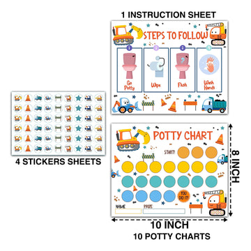 Construction Potty Training Sticker Chart, 10 Potty Charts With 216 Round Stickers & 1 Instruction Sheet, Potty Reward Sticker C