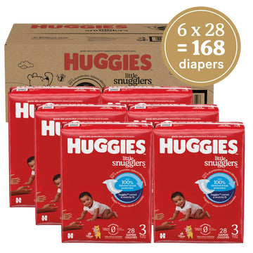 Huggies Size 3 Diapers, Little Snugglers Baby Diapers, Size 3 (16-28 Lbs), 168 Count (6 Packs Of 28), Packaging May Vary