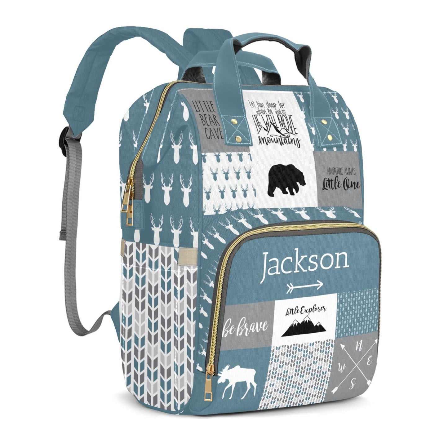 Woodland Bear Custom Name Diaper Bag Backpack for Baby Boys, Slate Blue Gray Personalized Name Cute Cartoon Large Nappy Nursing