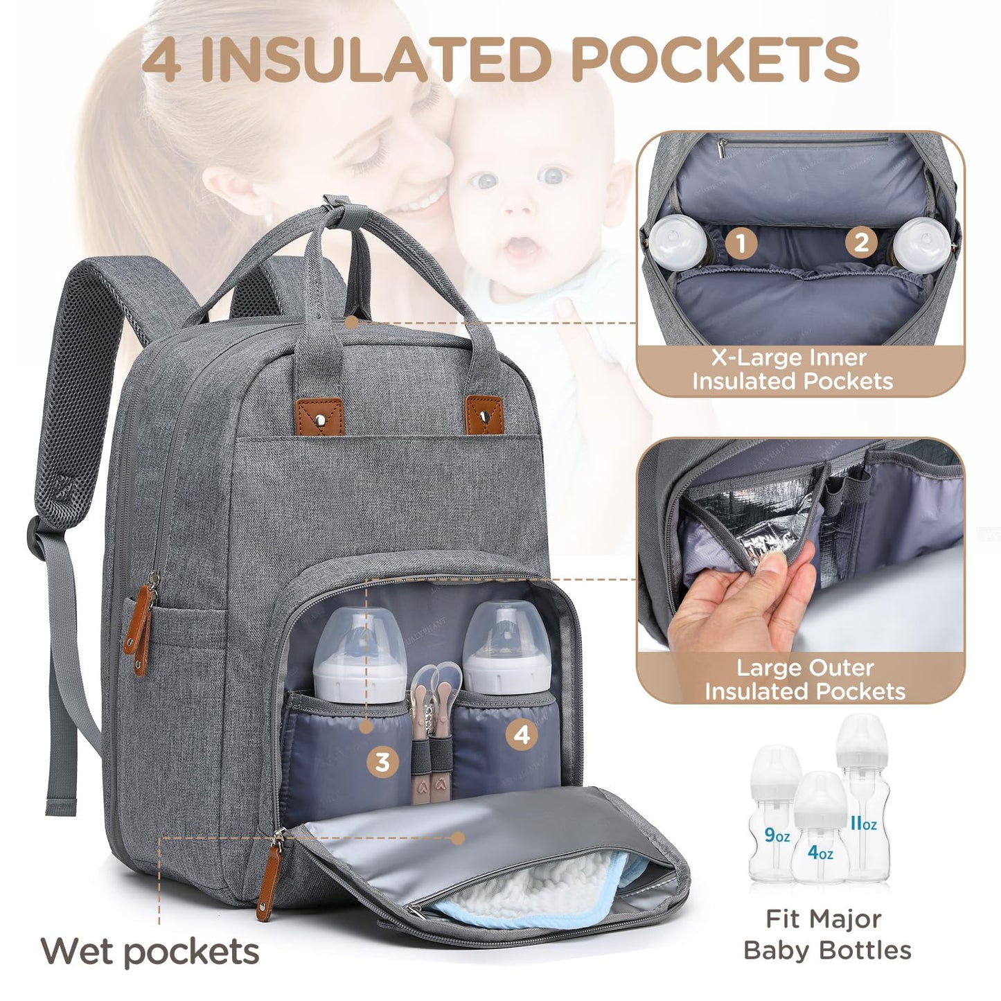 Qualyphant Extra Large Diaper Bag For 2 Kids - Expandable 35L Twin Diapers Bags Backpack With 4 Insulated & 16' Laptop Pocket &