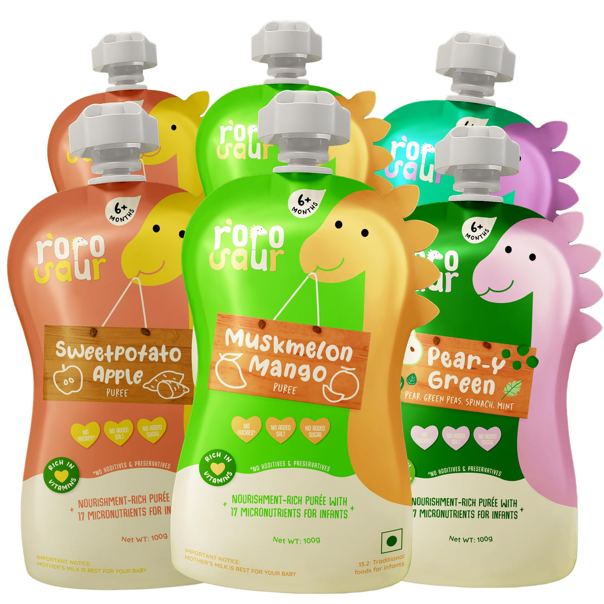 Rorosaur Baby Food Puree Pouch Combo | Fruit & Veggie Purees For 6+ Months | Ready To Eat | Made With Mango, Apple, Spinach, Pea