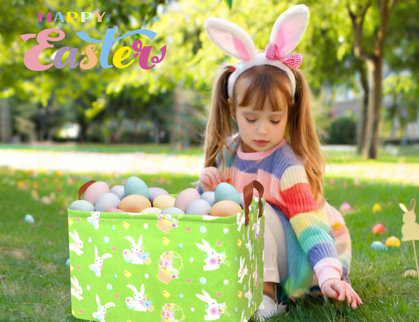 Boohit Large Easter Baskets For Kids Personalized Baby Girl Easter Basket Cute Teen Boy Spring Decor (Flower Basket Bunny Egg)