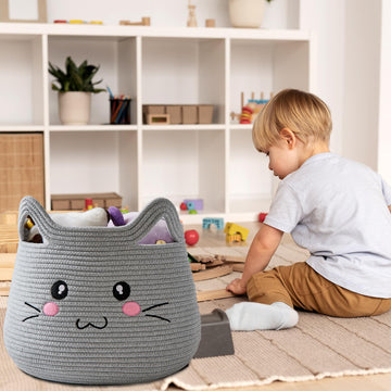 Omerai Animal Cat Basket, Cute Cotton Rope Woven Large Blanket Basket, Toy Storage For Nursery Decor And Laundry Organizer With