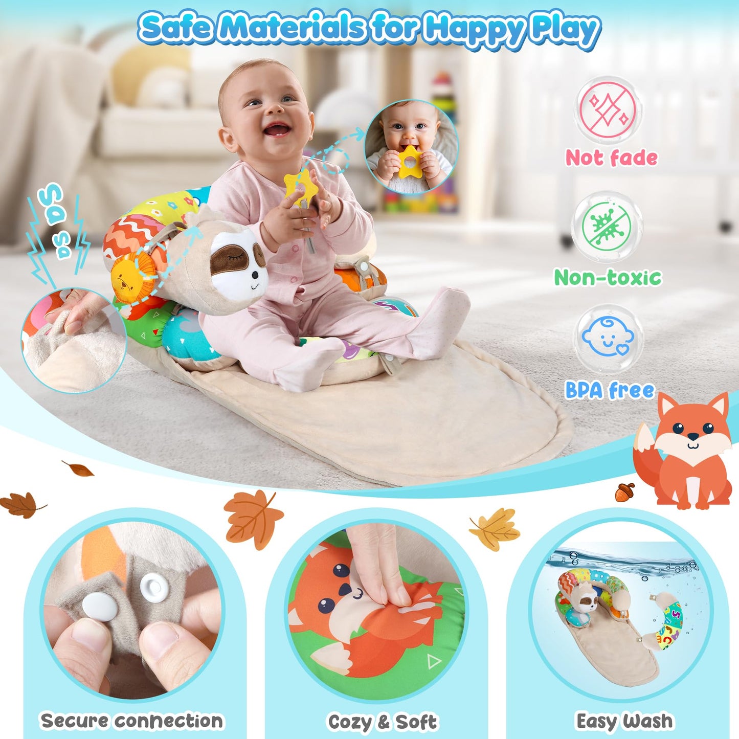 Urmywo Tummy Time Mat - 4 In 1 Cozy Tummy Time & Seated Support Pillow, Sitting Support For Newborn 0-12 Months, Infant Baby Sit