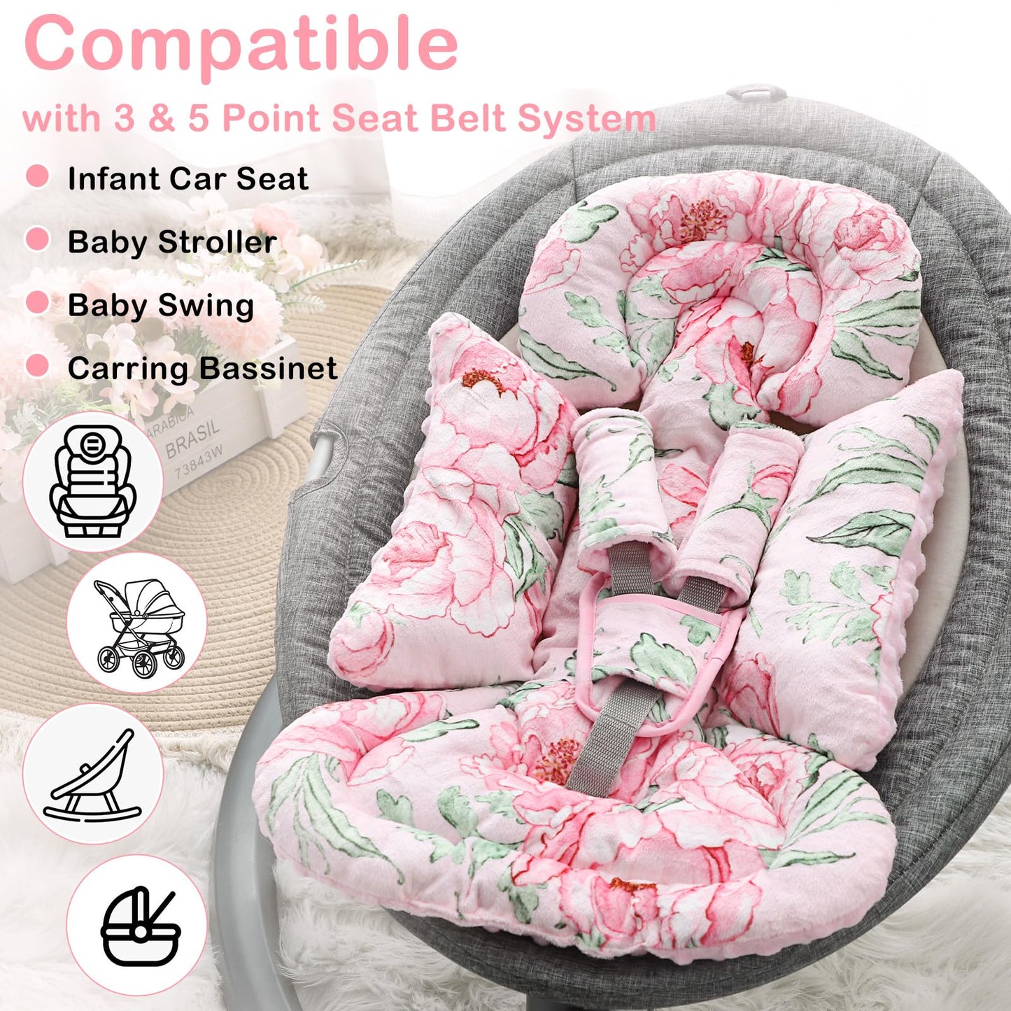 Dilimi Infant Car Seat Insert, Baby Car Seat Head Support With 3 Strap Paddings, Soft Newborn Car Seat Cushion For Stroller, Swi