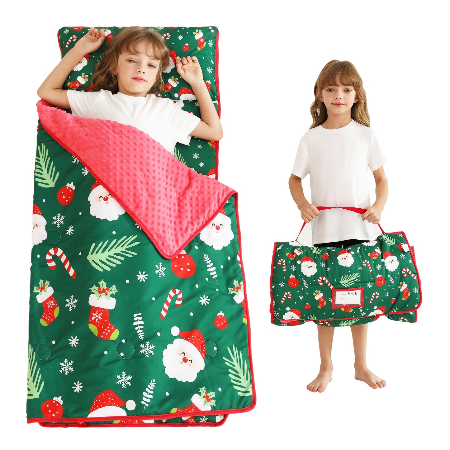 Lasoftan Christmas Toddler Nap Mat with Pillow and Blanket, Extra Large Rolled Napping Mats,Slumber Bags for Boys Girls,Kids Sle