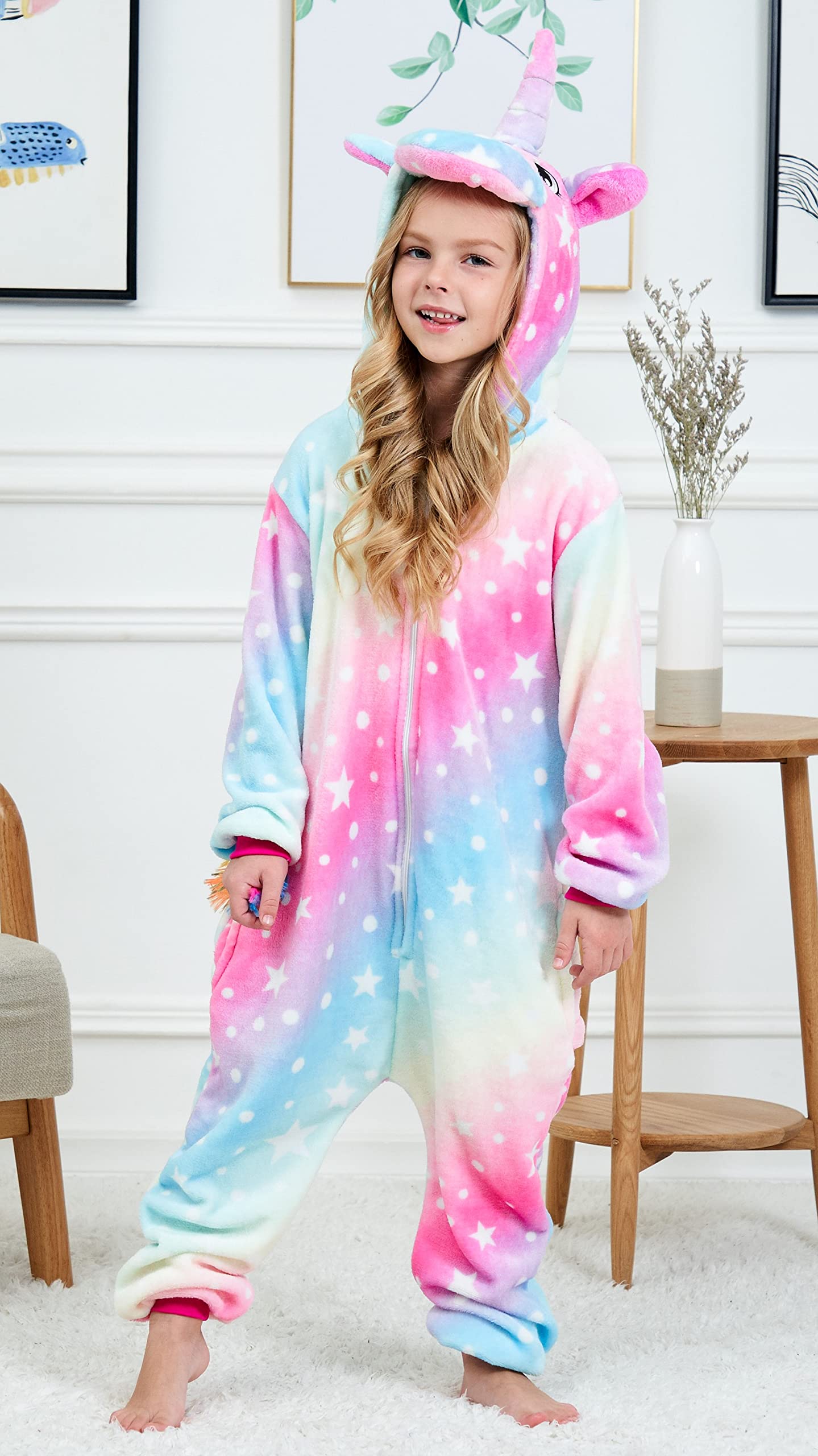 Chetosho Unicorn Hooded Onesie Girls Halloween One Piece Kids Costume (Oblique Stripe Starry Pink Blue 4-5 Years)