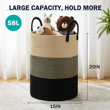 Woven Rope Laundry Hamper Basket By Youdenova, 58L Tall Luandry Basket, Baby Nursery Hamper For Blanket Storage, Clothes Hamper