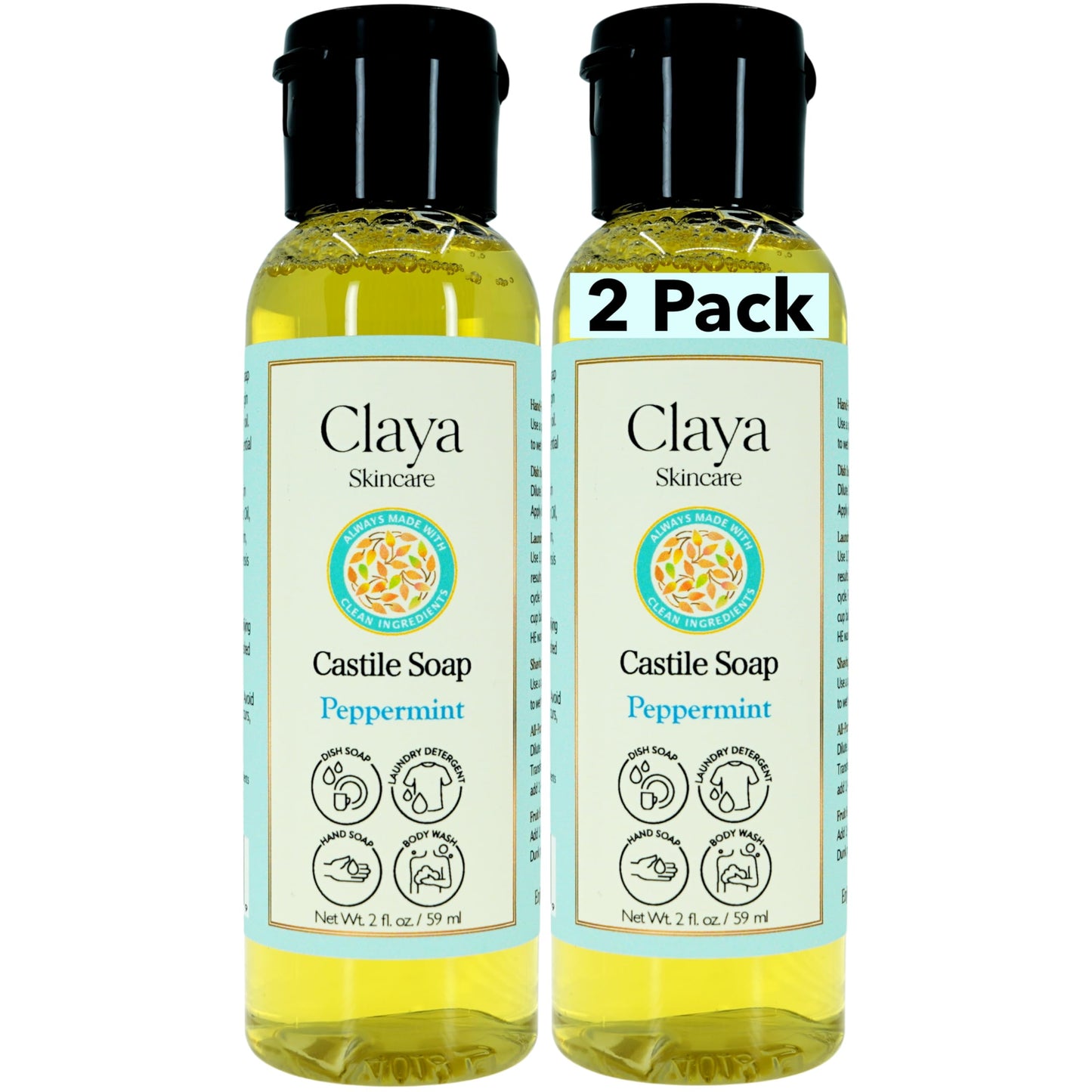 Claya Peppermint Liquid Castile Soap - Organic Ingredients, Biodegradable, Gentle for Sensitive Skin, Versatile Use and Travel S